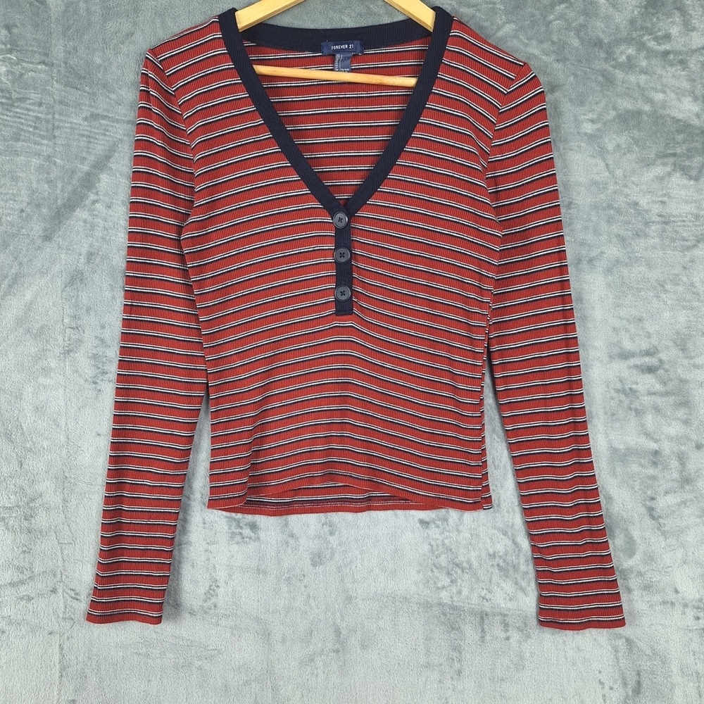 Vintage‎ Womens Top Large Y2K Red Striped Henley Cropped Preppy Indie Casual